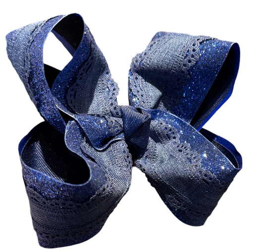 Navy Glitter Bow With Denim Scallop Bow