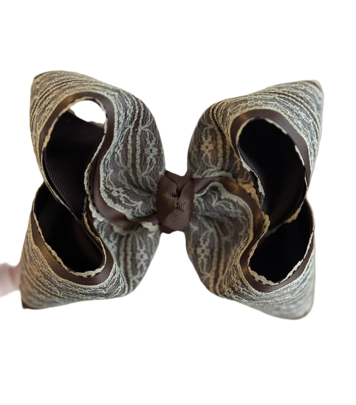 Brown Satin/Taupe Lace boutique hair bow