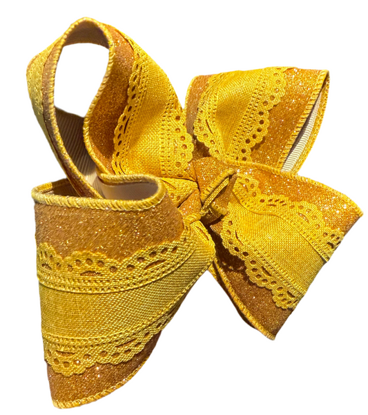 Mustard Shimmer Bow Scallop Overlay Bow