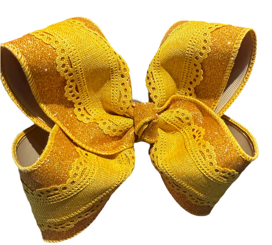Mustard Shimmer Bow Scallop Overlay Bow