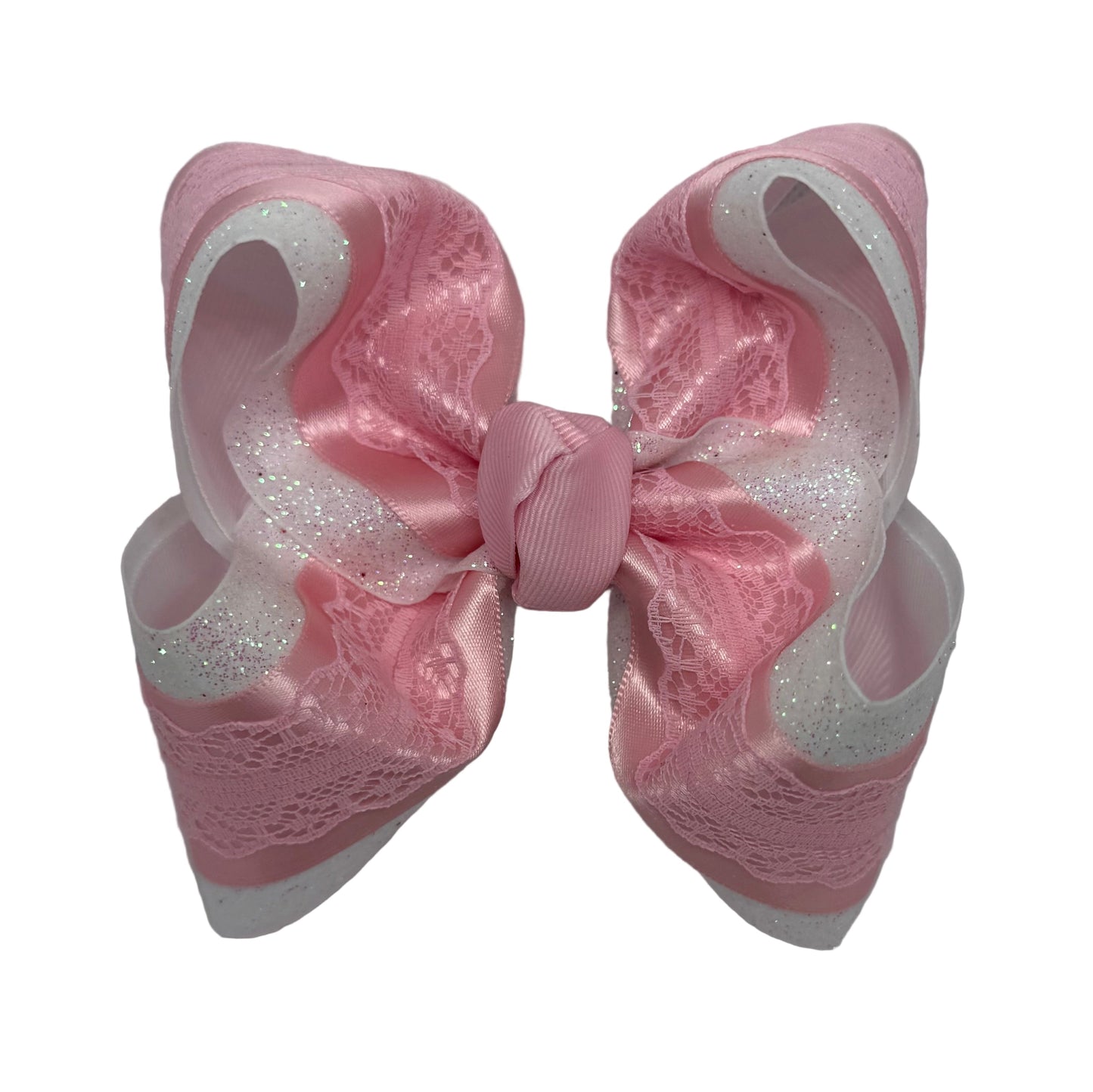 Iridescent Glitter Pink Satin Lace Bow Lynlee Blair's Bows