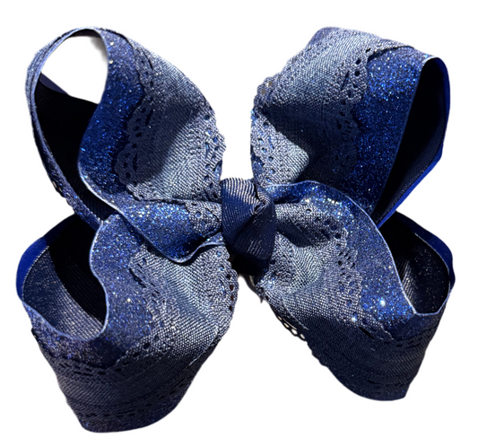 Navy Glitter Bow With Denim Scallop Bow