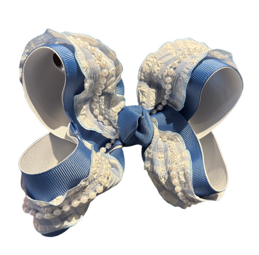 Blue Ruffle Pearls Bow Lynlee Blair's Bows