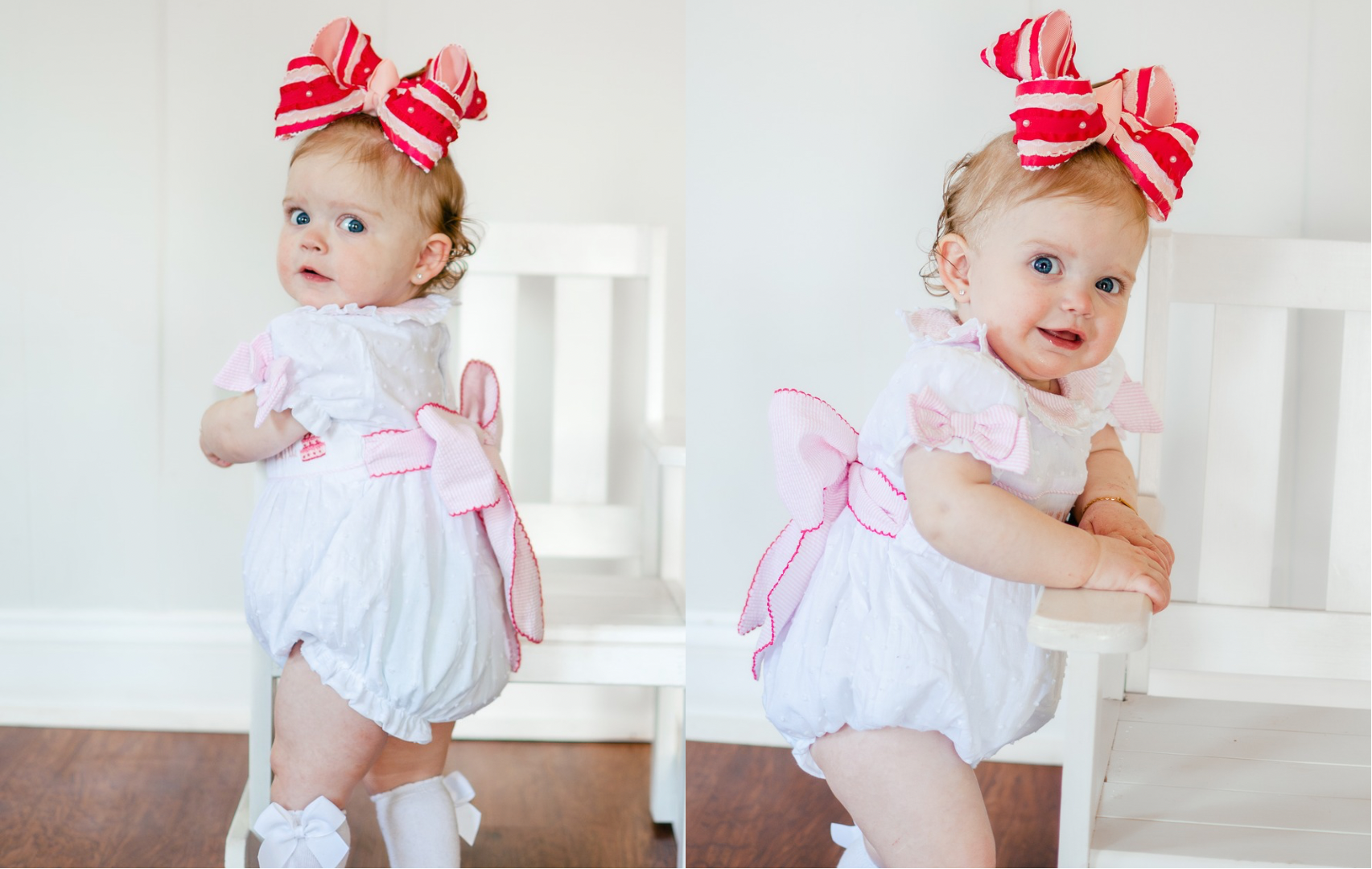 Two images of a baby girl in a white outfit with pink bows and red ribbons.